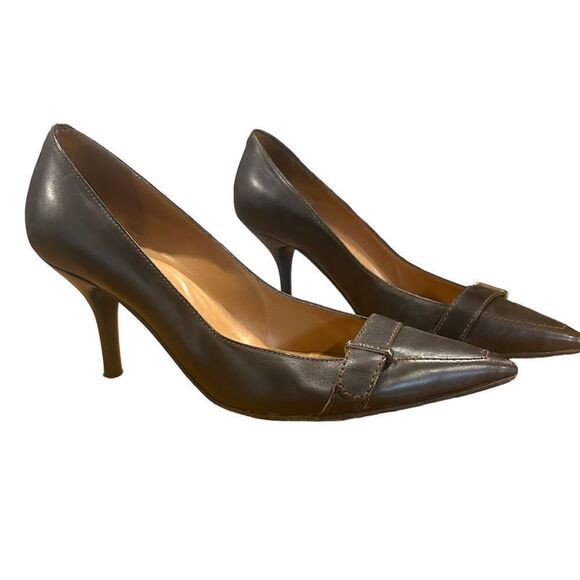 Furla Leather Dark Chocolate Brown Pointed Toe Loafer Kitten Heels, size 37 - Picture 1 of 11